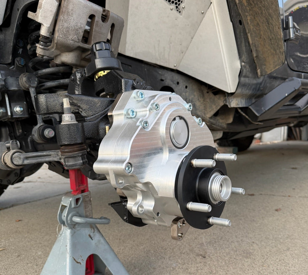 Close up of Portal Pros portal axle installed on a Jeep Gladiator